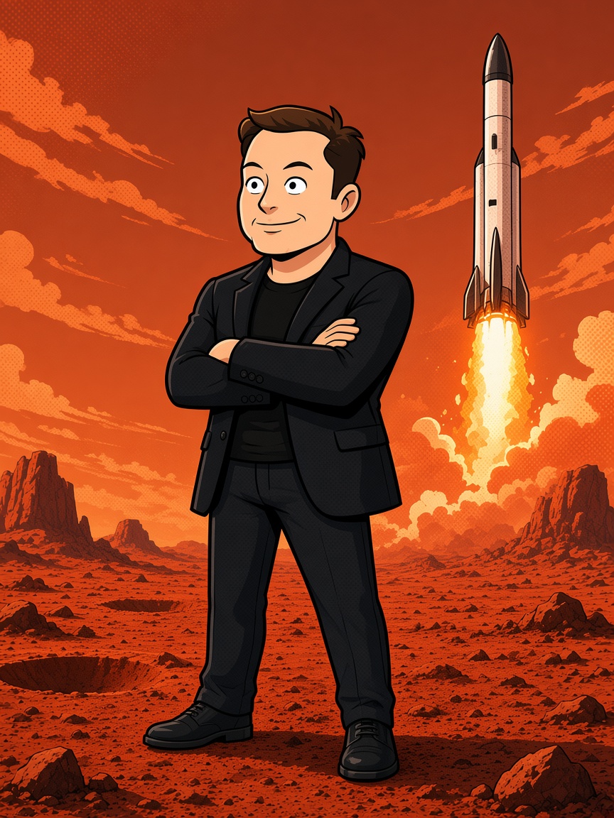 PokElon on Mars with a rocket launch behind